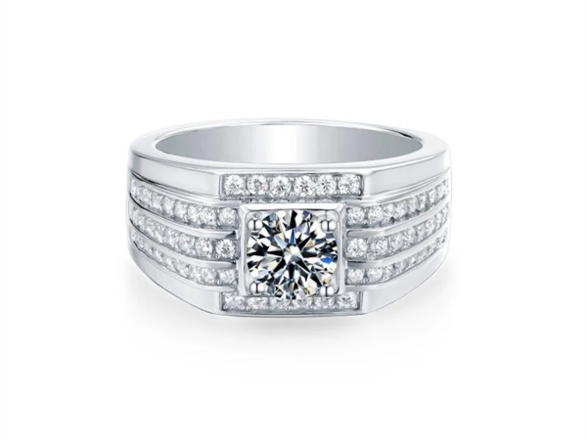 Men's wedding band in comfort-fit profile, manufactured by Vesta Jewelry